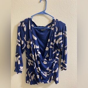 Lauren Ralph Lauren Blue White Pattern‎ Draped Neck 3/4 Sleeve Top XL